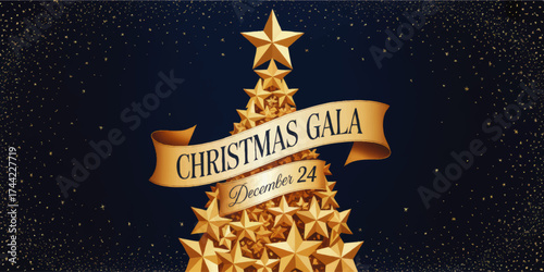 Elegant Christmas Gala Invitation with Golden Star Tree, Festive Banner, and Starry Night Sky for Holiday Event Promotion