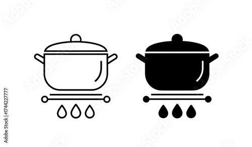 Two cooking pots on stove, one outlined, one solid black