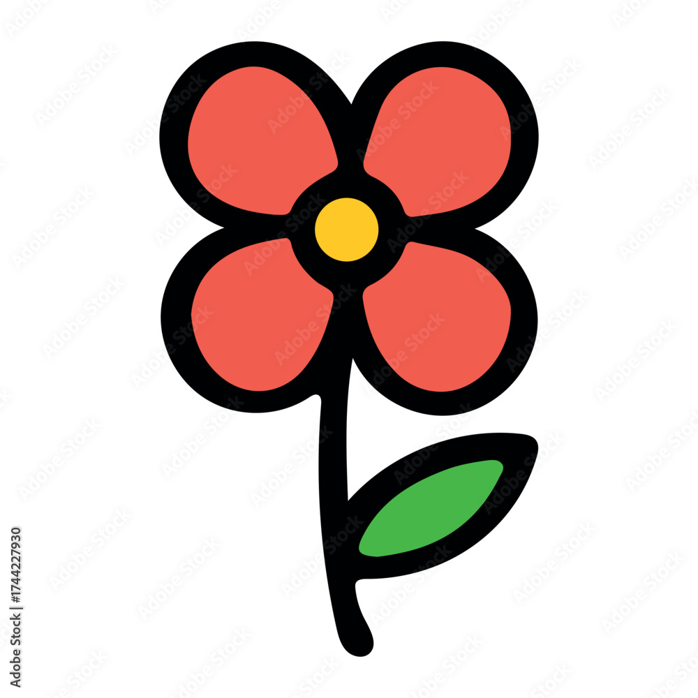 Fototapeta premium Minimal Cartoon Flower with Red Petals and Green Leaf on White Background