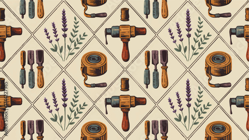 Vintage Seamless Pattern with Hand Drawn Woodworking Tools, Lavender Flowers, and Thread on Cream Background
