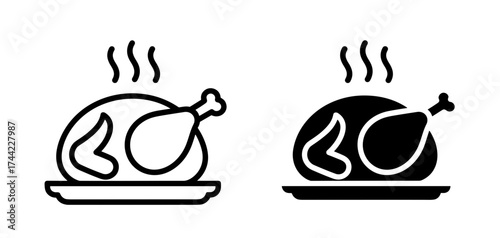 Two icons of a roasted chicken on a plate, one outlined, one solid