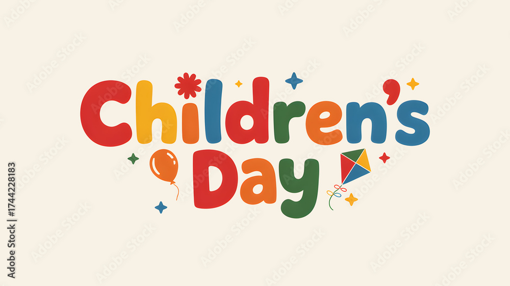 Fototapeta premium Children’s Day text design : Colorful typography illustration celebrating kids, joy, and childhood happiness