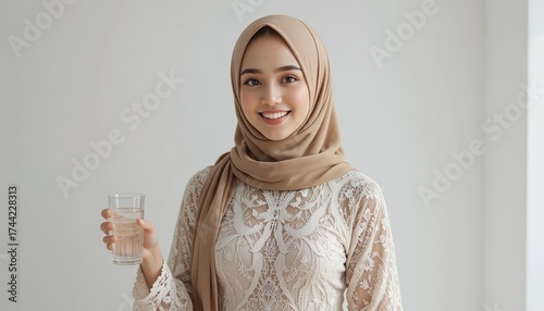 Smiling young woman wearing a beige hijab holding a glass of water, standing against a light background, promoting health, hydration, and positivity in a natural studio setting