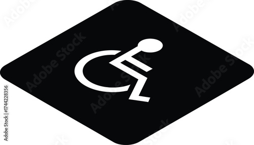 A white wheelchair accessibility symbol on a black diamond shaped sign indicating a disabled person access area