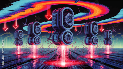 Futuristic Neon Sci-Fi Cityscape With Hovering Mechanical Engines, Vibrant Light Trails, and Digital Abstract Technology