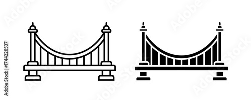 Line art and silhouette of a suspension bridge icon