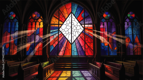 Vibrant Stained Glass Windows in Gothic Church Interior with Colorful Sunbeams and Illuminated Wooden Pews