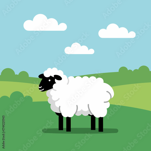 Cartoon Sheep On A Green Field Under A Sunny Blue Sky