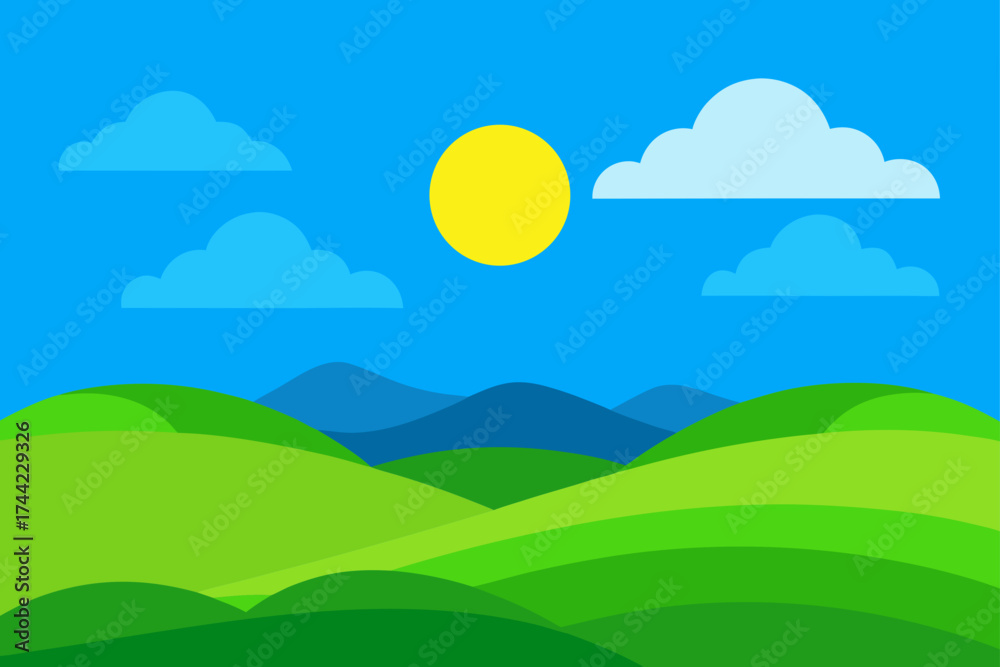Fototapeta premium Vibrant cartoon landscape with rolling green hills and a bright yellow sun