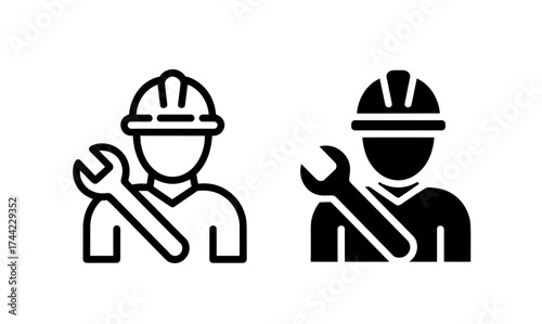 Two icons of a worker with a wrench