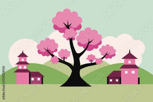 Stylized japanese landscape with cherry blossom tree and pagodas