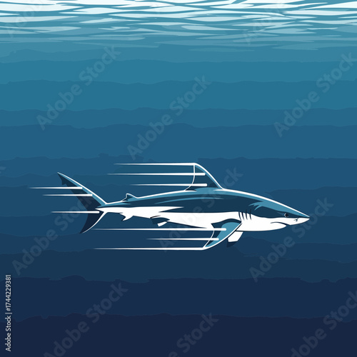 Great White Shark Gliding Underwater in Blue Sea Illustration