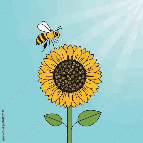 Happy Bee Visiting Cheerful Sunflower Illustration On Blue Sky