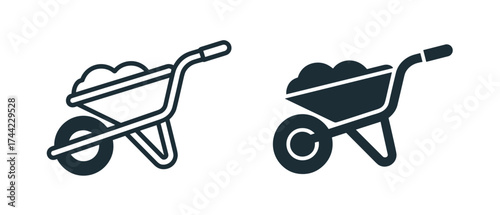 Two icons of a wheelbarrow filled with dirt