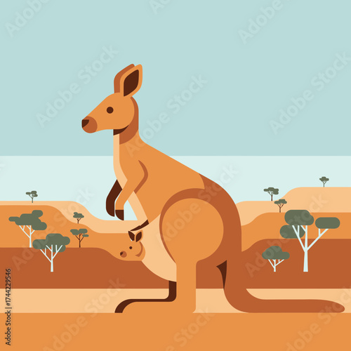 Kangaroo And Joey In Australian Outback Scenic Flat Illustration