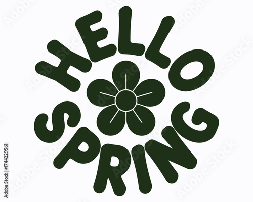 Retro Hello Spring Illustration with Groovy Typography and a Blooming Flower Center Design Welcoming the Season of Rebirth