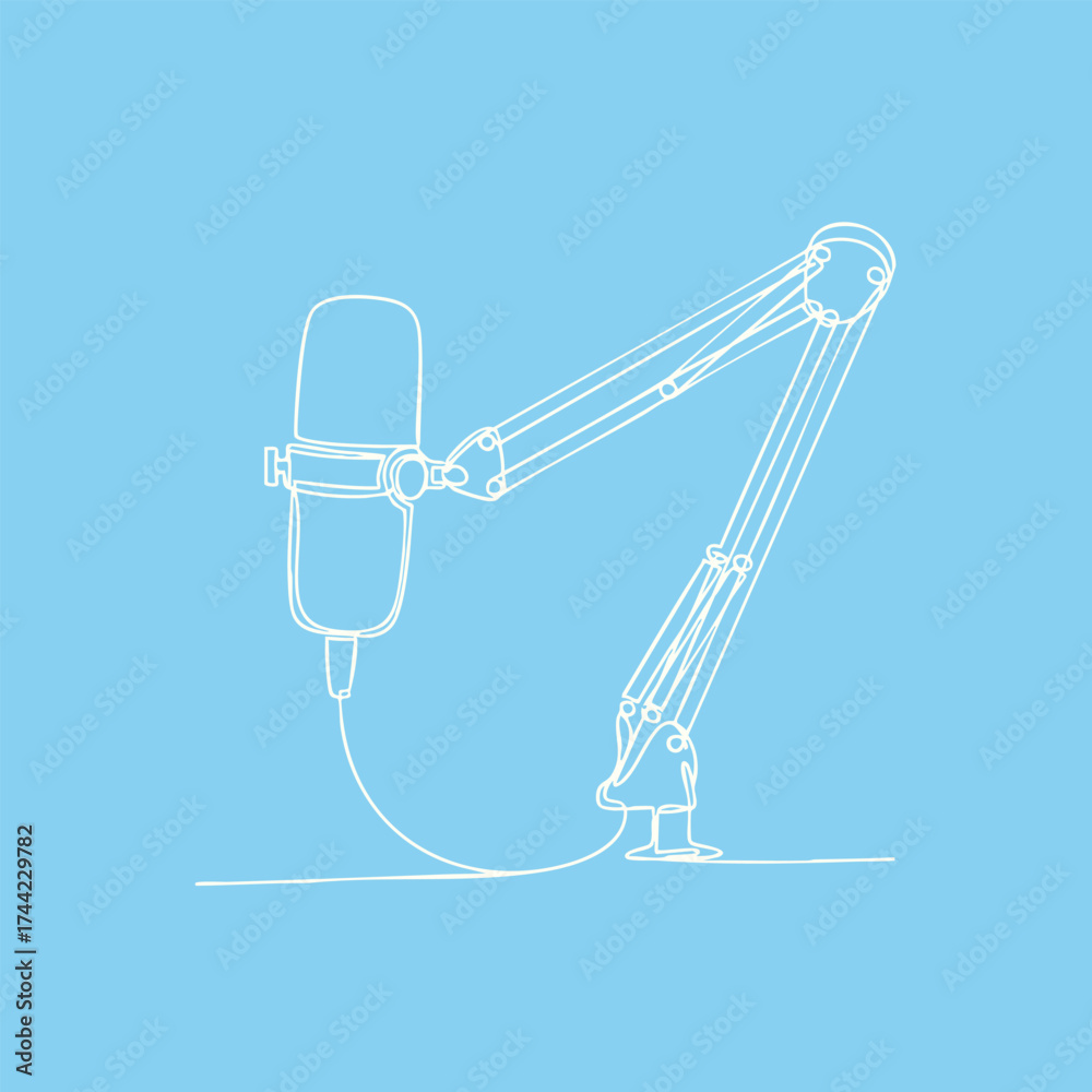 Obraz premium Minimalist line drawing of a robotic arm with a microphone attached, set against a soft blue