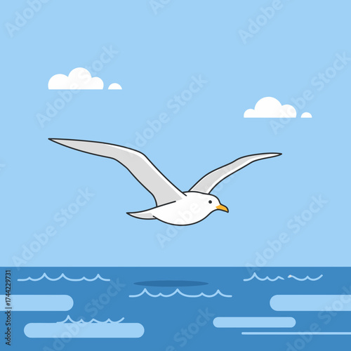 Seagull Fly Over Sea Water Cartoon Illustration Concept