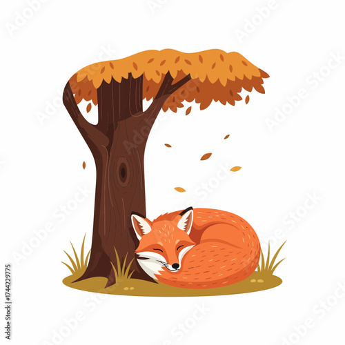 Sleeping Fox Underneath Autumn Tree Cartoon Illustration Design