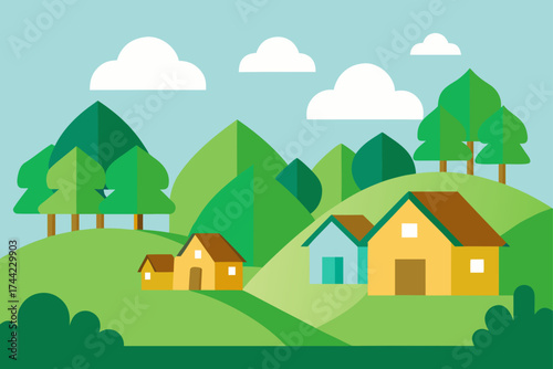 Charming village nestled in a vibrant green landscape with rolling hills and trees
