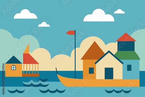 Colorful flat illustration of a village on the water with a boat