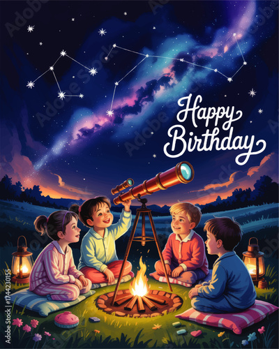 Happy Birthday Card with Kids Stargazing by Campfire, Telescope, Night Sky Constellations, and Milky Way Illustration