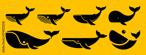 whales icons and logos on a yellow background