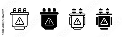 Set of electrical transformer icons with warning symbol
