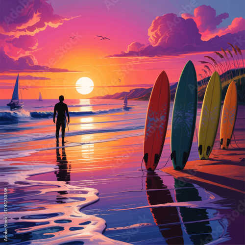Vibrant Sunset Beach Scene with Silhouette Surfer, Colorful Surfboards, Sailboats, and Reflections in Summer Ocean Illustration