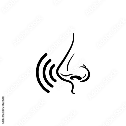 Hand drawn minimalist vector icon of a nose with scent waves