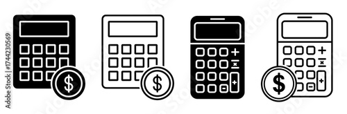Collection of calculator icons with dollar coins