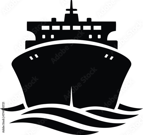 Front view silhouette of a large cargo ship sailing on wavy water