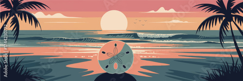 Tropical Beach Sunset Illustration with Palm Trees, Sand Dollar, Ocean Waves, Birds, and Vibrant Pastel Colors