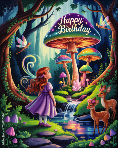 Magical Fairy Tale Birthday Forest Scene with Girl, Deer, Colorful Mushrooms, and Waterfall for Kids Greeting Card