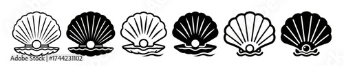 Collection of six stylized scallop shells with pearls