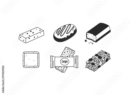 Collection of handdrawn snack bars and cookies