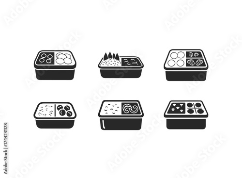 Set of black icons representing meal prep containers with food