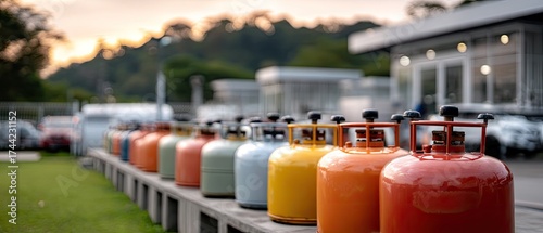 Colorful gas canisters lined up at a service station during sunset with a blurred background showcasing buildings and trees