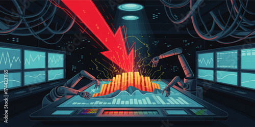 Futuristic AI Robot Arms Analyzing Data Crash with Red Arrow and Digital Graphs in High-Tech Control Room, Stock Market Plunge Illustration