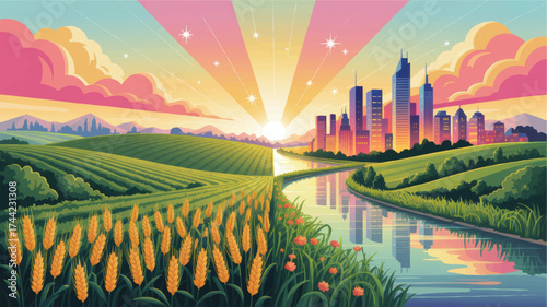 Vibrant Sunrise Over Countryside and Modern City Skyline, River Reflection, Farmland, and Wheat Fields in Colorful Landscape Illustration