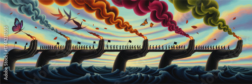 Surreal Bridge of Hands Over Ocean Waves with Colorful Smoke, Butterflies, Birds, and Crowd Against Vibrant Sky – Conceptual Illustration