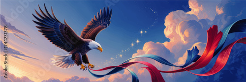 Majestic Bald Eagle Soaring with Red and Blue Ribbons Against Vibrant Sunrise Sky and Dramatic Clouds – Symbol of Freedom and Patriotism