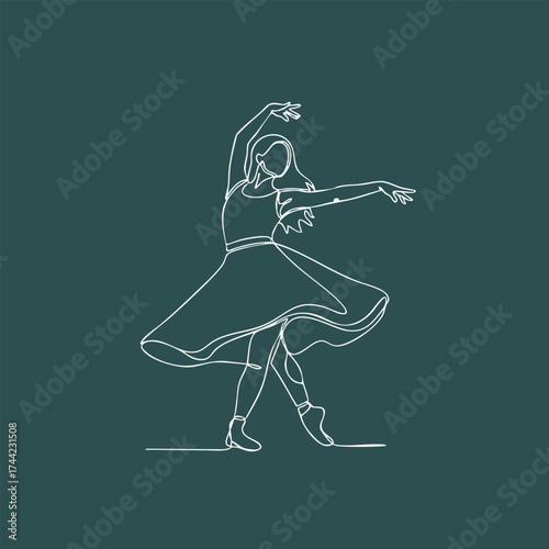 Elegant ballerina in a graceful pose wearing a flowing dress and ballet shoes, performing on stage with a dark