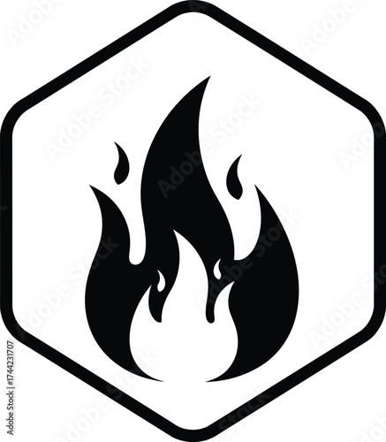 Black and white icon of a flame symbol within a hexagonal outline representing fire hazard or flammable material warning
