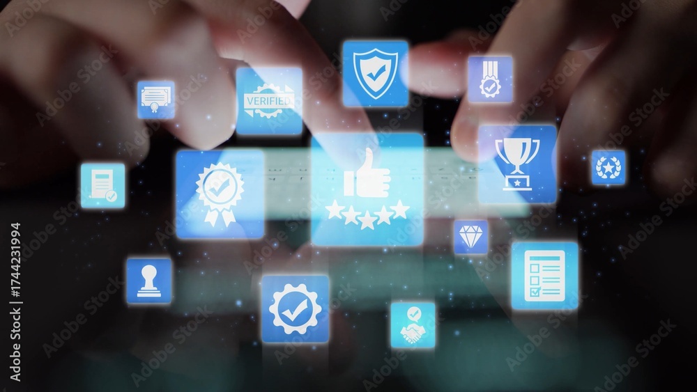 Fototapeta premium Quality approval and certification icons showing verified badge, standard check, award, trophy, inspection, rating, quality management, guarantee, trust, and compliance. Funnel