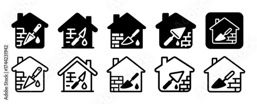 House construction icons with trowel and bricks