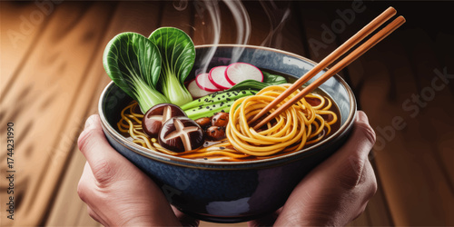 Delicious Steaming Bowl of Japanese Ramen Noodles with Fresh Vegetables, Bok Choy, Mushrooms, and Chopsticks on Rustic Wood Table