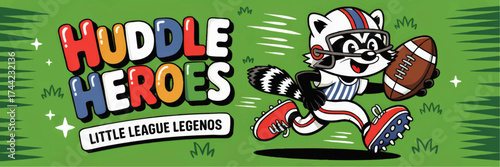 Cute Cartoon Raccoon Football Mascot Running with Ball on Green Field – Huddle Heroes Youth Sports Illustration