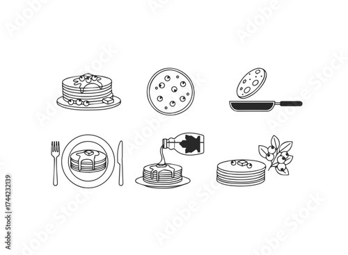 Set of pancake icons with syrup and berries