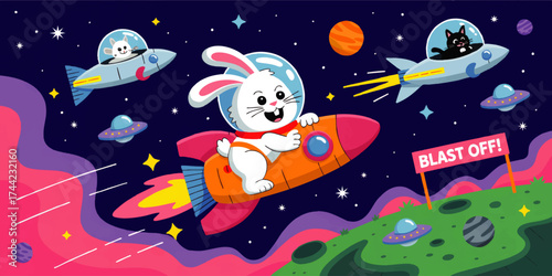 Cute Cartoon Bunny and Cat Astronauts in Rocket Ships Exploring Colorful Outer Space – Fun Space Adventure Illustration for Kids